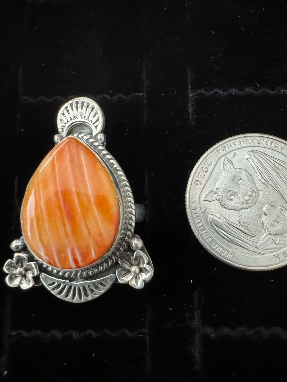 Sterling Silver genuine Orange spiny oyster Teardrop Statement Ring.